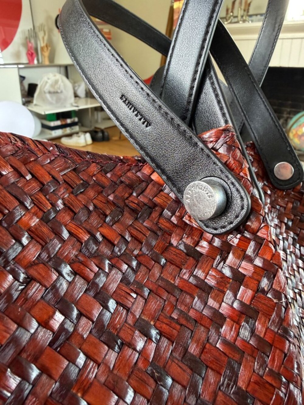 AllSaints Red Woven Tote Bag With Black Leather Handles & Matching Pouch - Picture 3 of 6